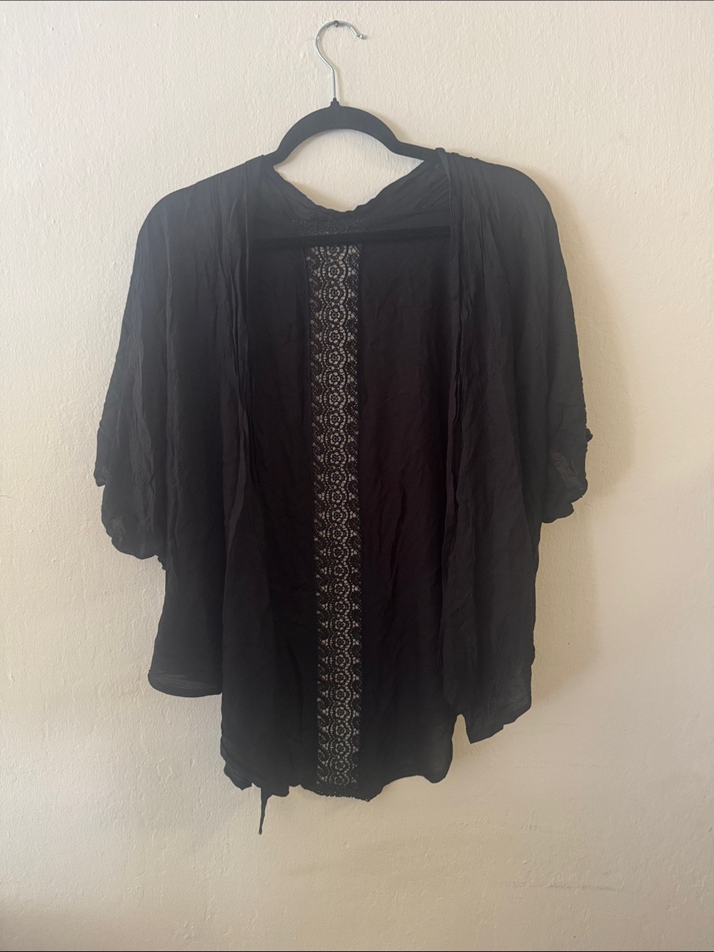 Black Lightweight Tie-Front Beach Kimono with Lace Back Panel